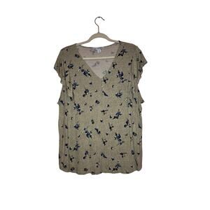 Liz Claiborne Grey Blue Floral Flutter Sleeve Stretch Knit Top Size 1X